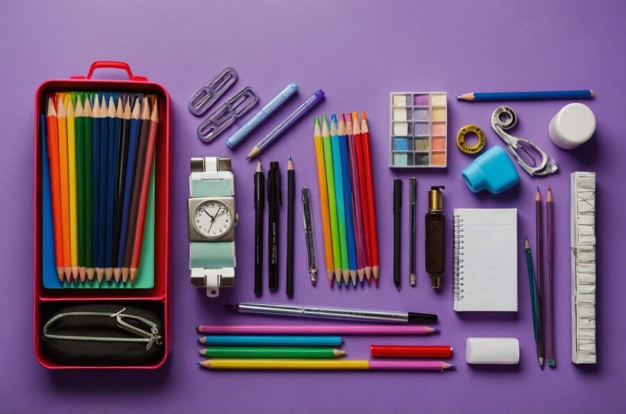 colorful-case-various-colored-pencils-watch-box-pens-are-purple-surface